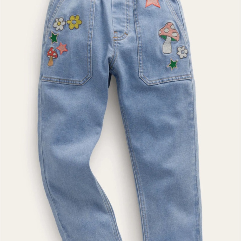 Mini Boden Blue Jeans with Playful Flower and Mushroom Embroidered Pockets